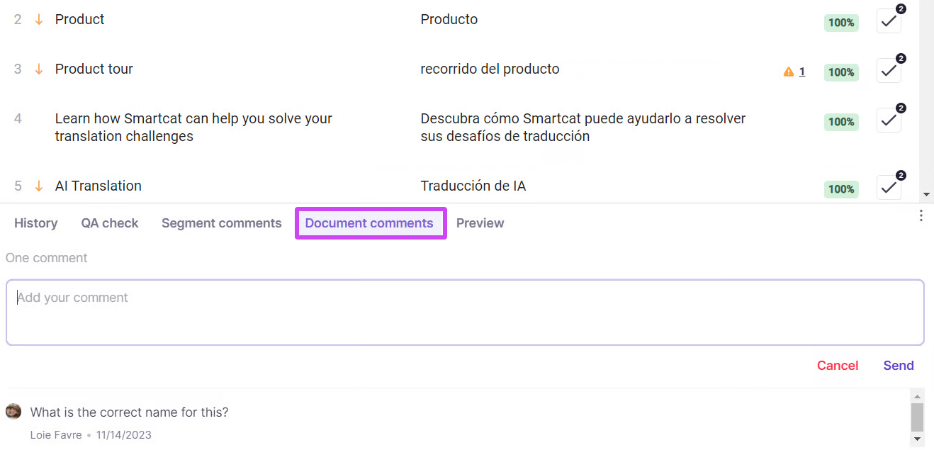 Document-level comment section in Smartcat showing project instructions