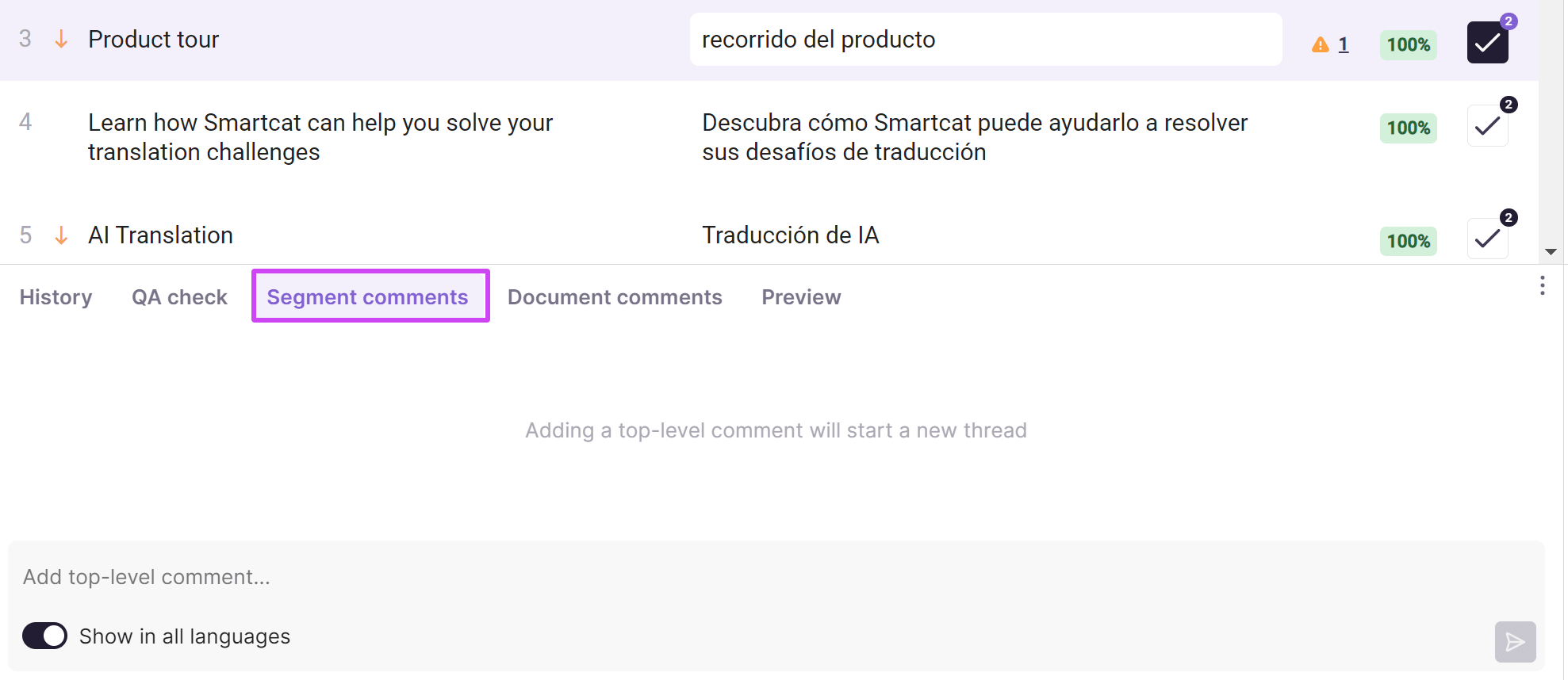 Segment-level query posted by a linguist in the CAT editor comment panel