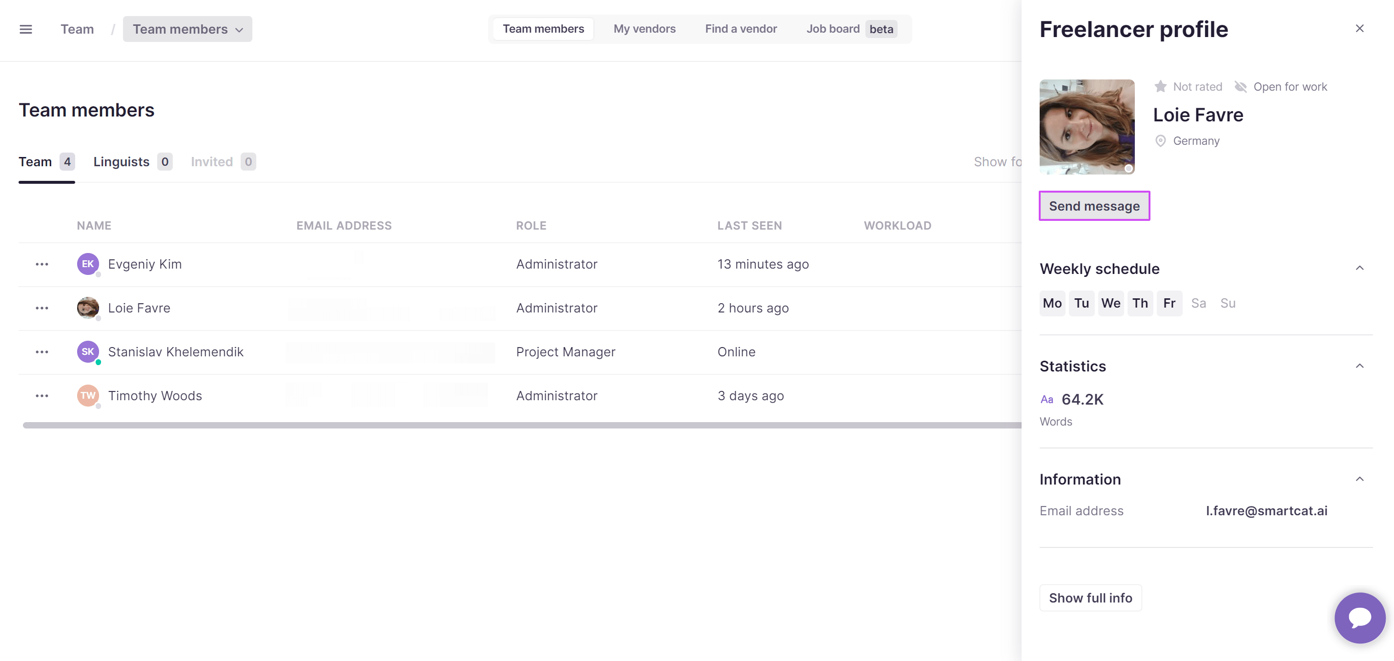 Team tab of a project page showing the Send message button next to a team member