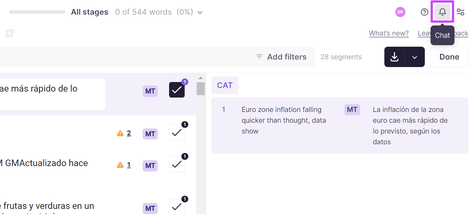 Chat access point in the top-right corner of the CAT editor