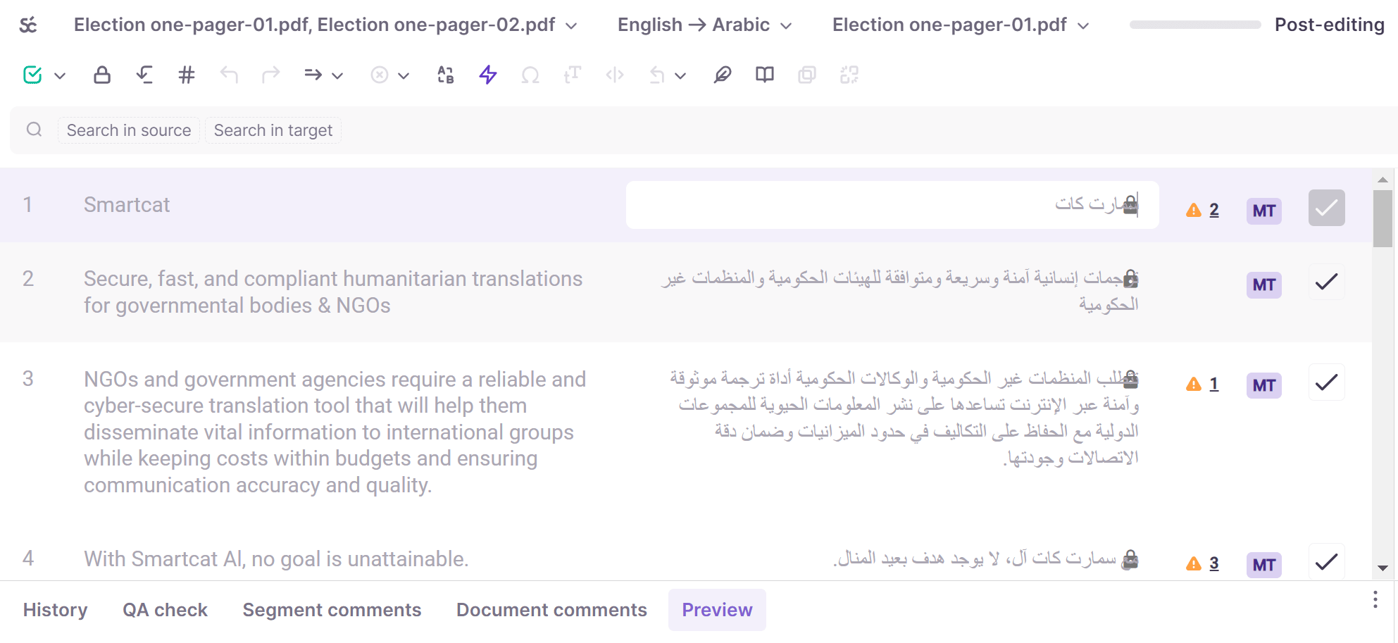 CAT editor showing locked segments outside an assignee's assigned range