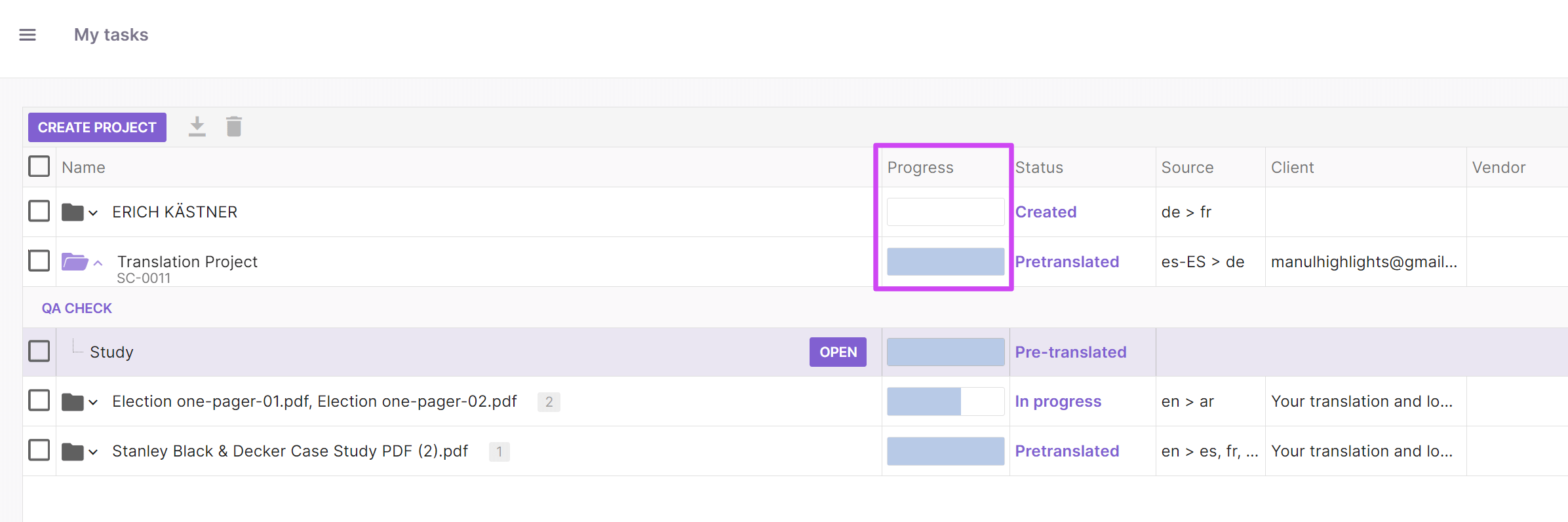 Project progress bar shown on hover in the Workspace