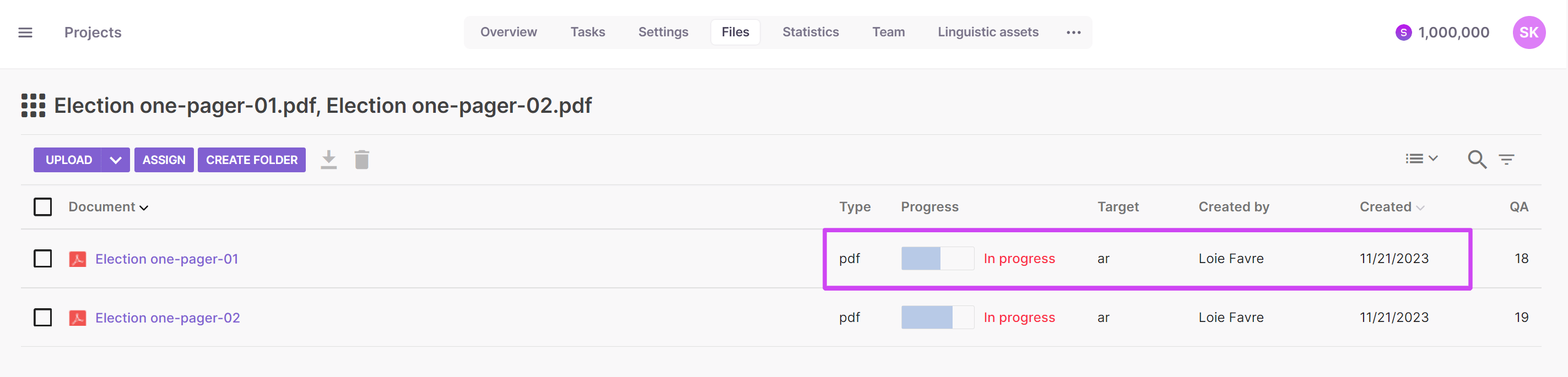 Project progress on the project page Files tab