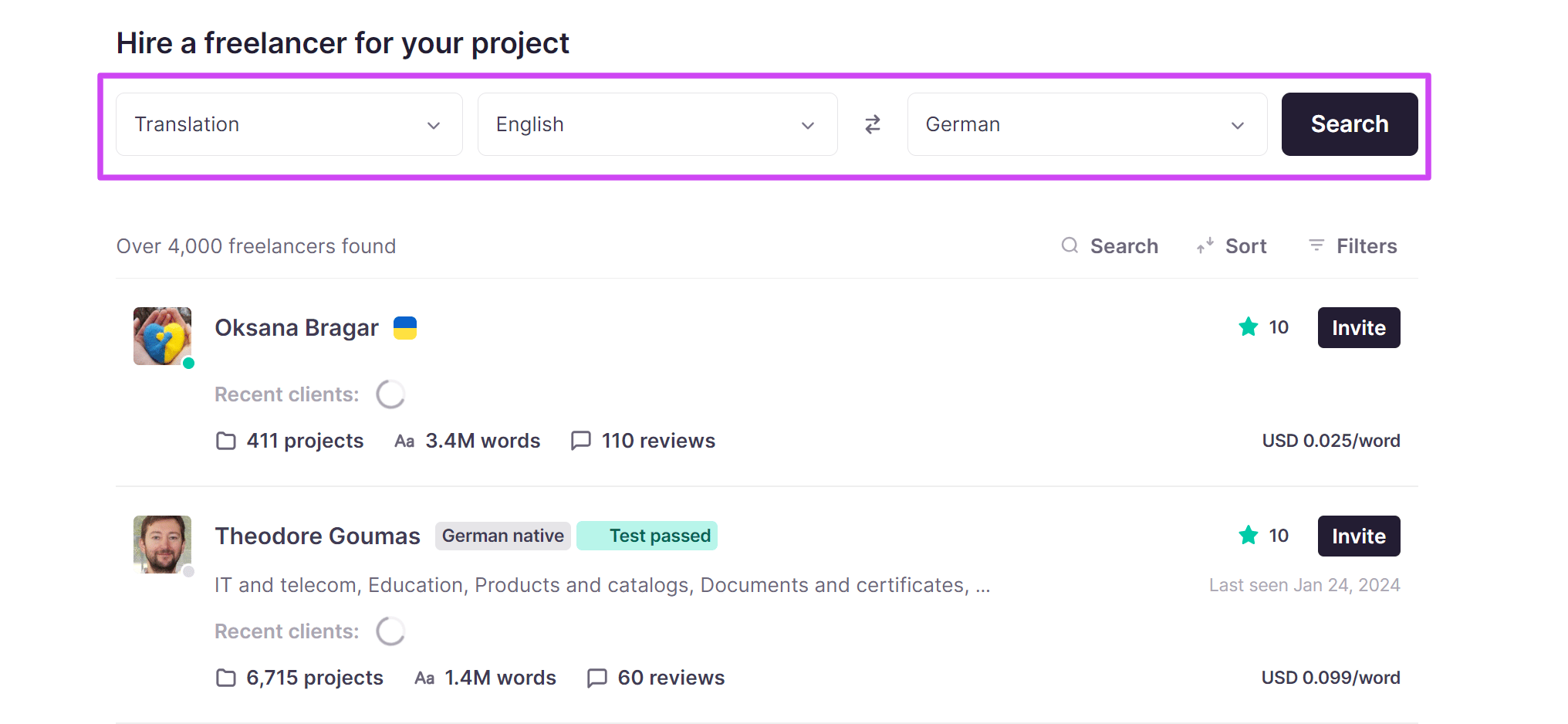 Marketplace search with source and target language and service type selectors
