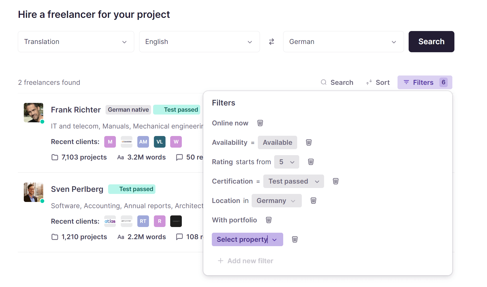 Marketplace search filters panel showing native language, specializations, and rate options