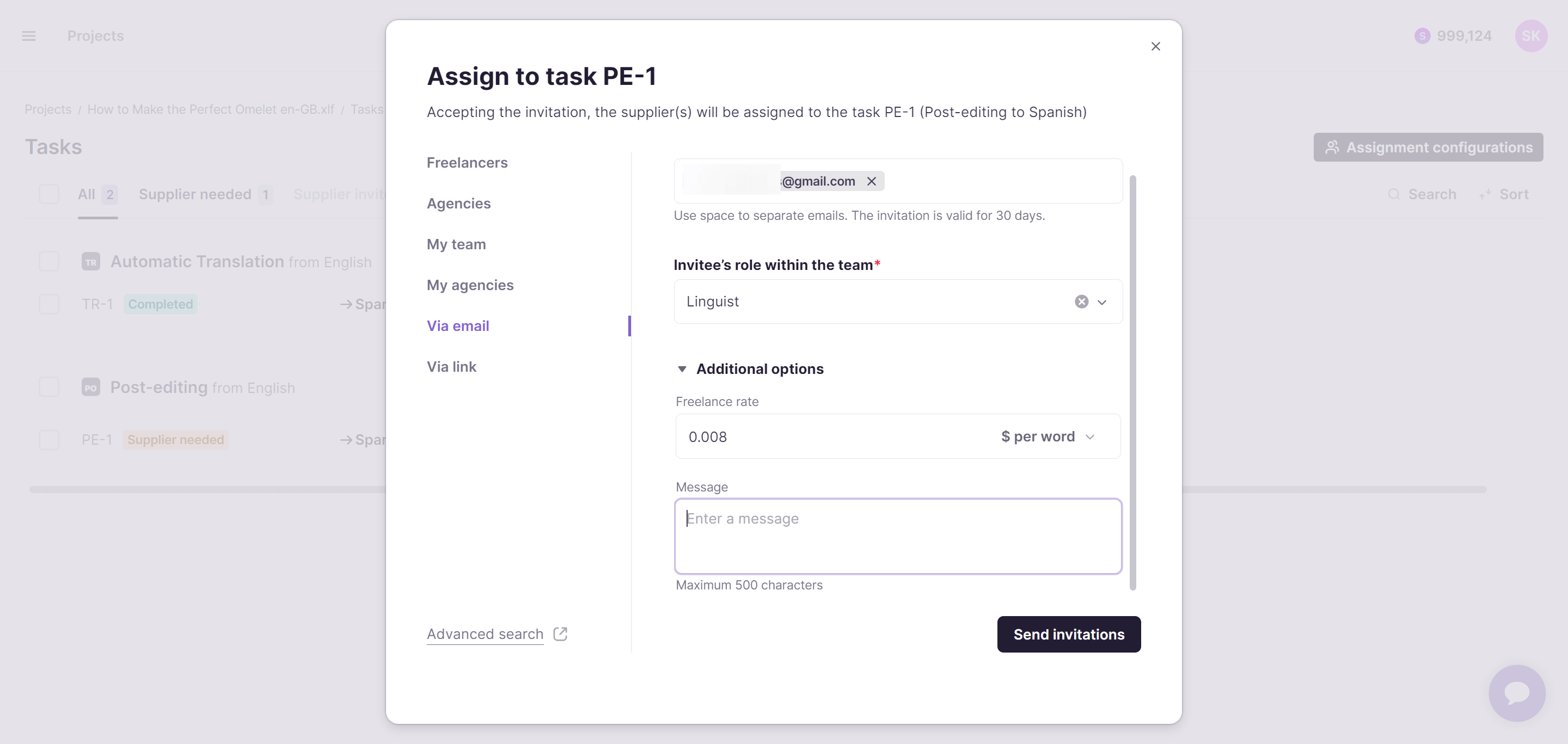 Assignment dialog for inviting linguists to a project