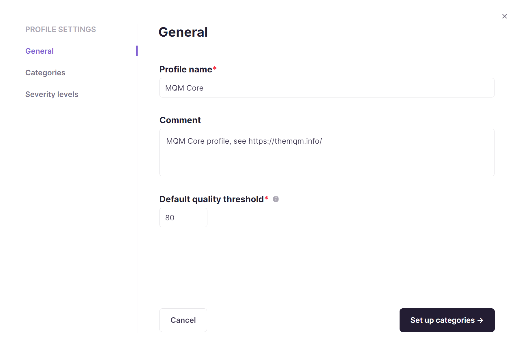 Profile setup form with fields for name, comments, and threshold value