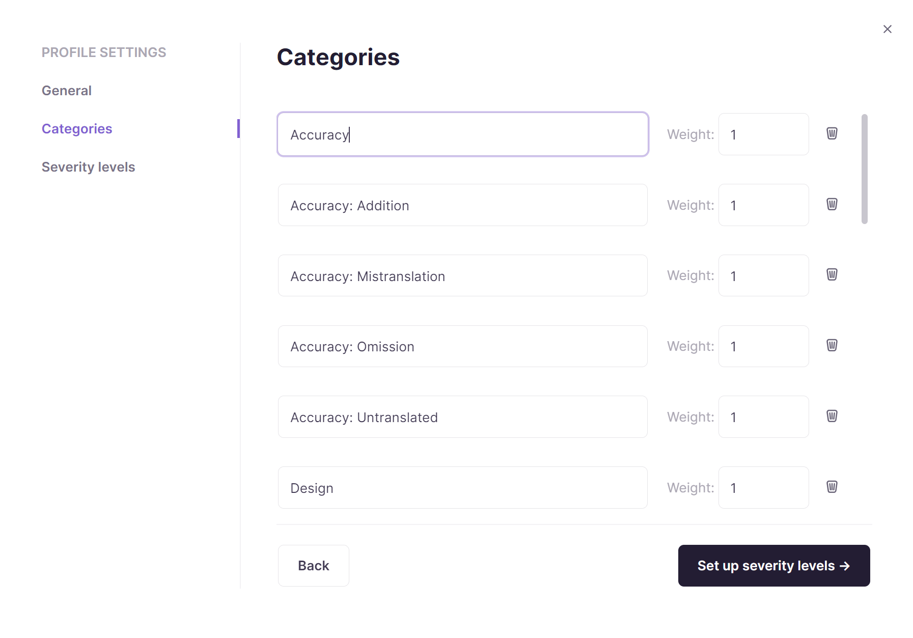 Error categories and severity levels configuration screen