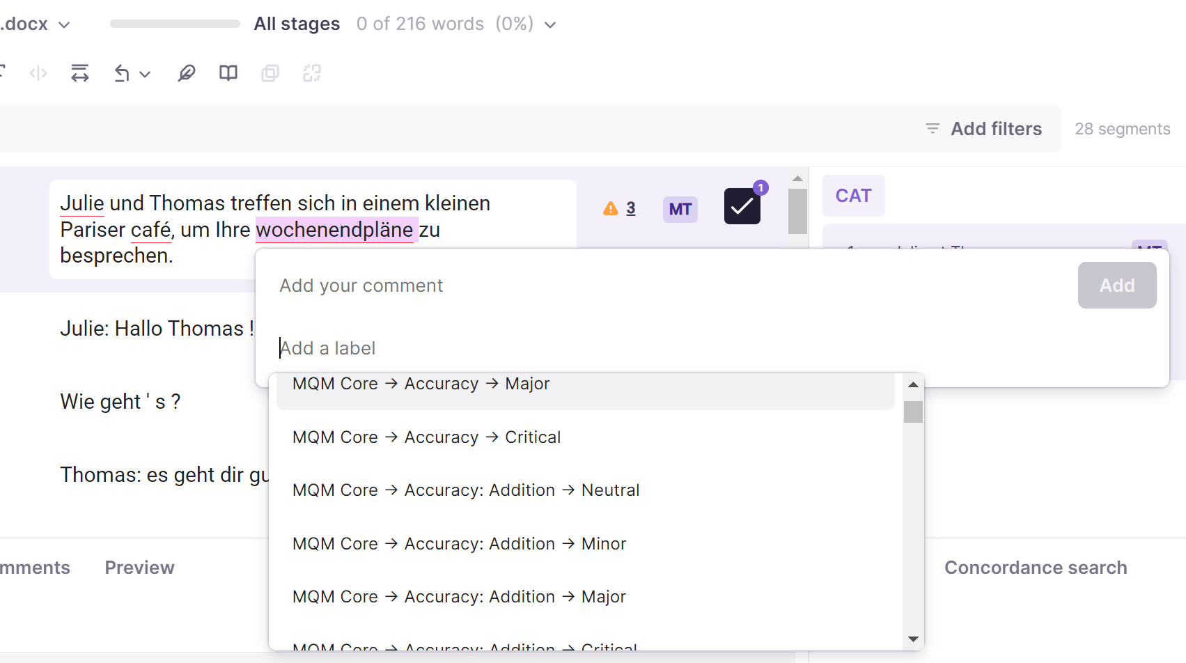 CAT editor showing an LQA label drop-down applied to selected target text