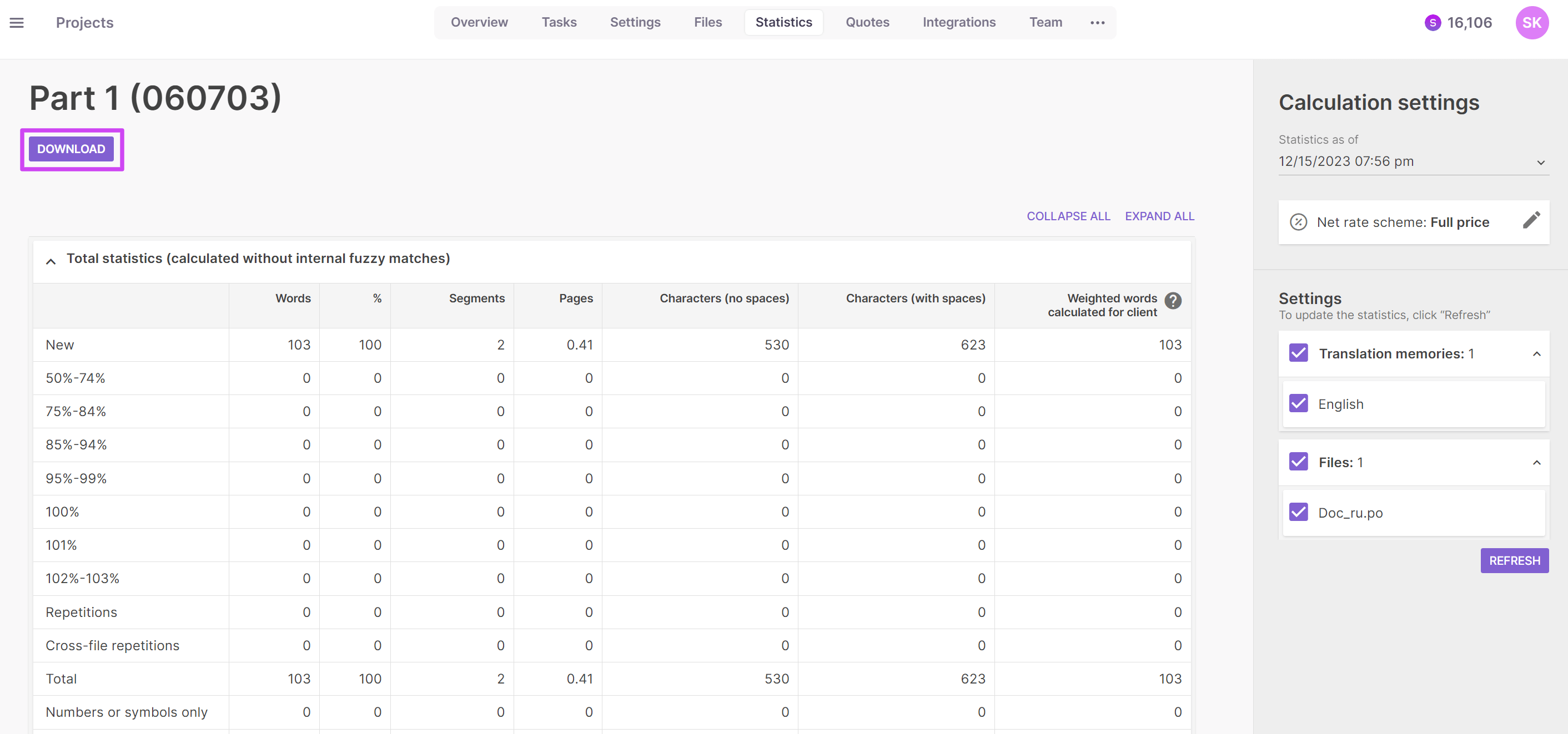 Statistics tab on a project page showing word count and download options