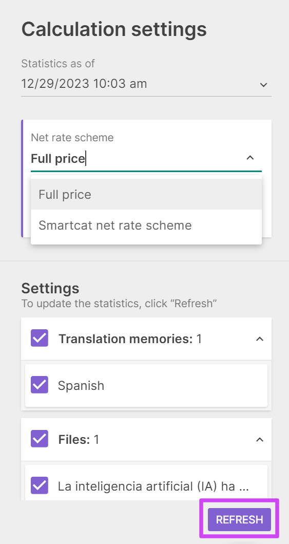 Refresh button used to recalculate project statistics