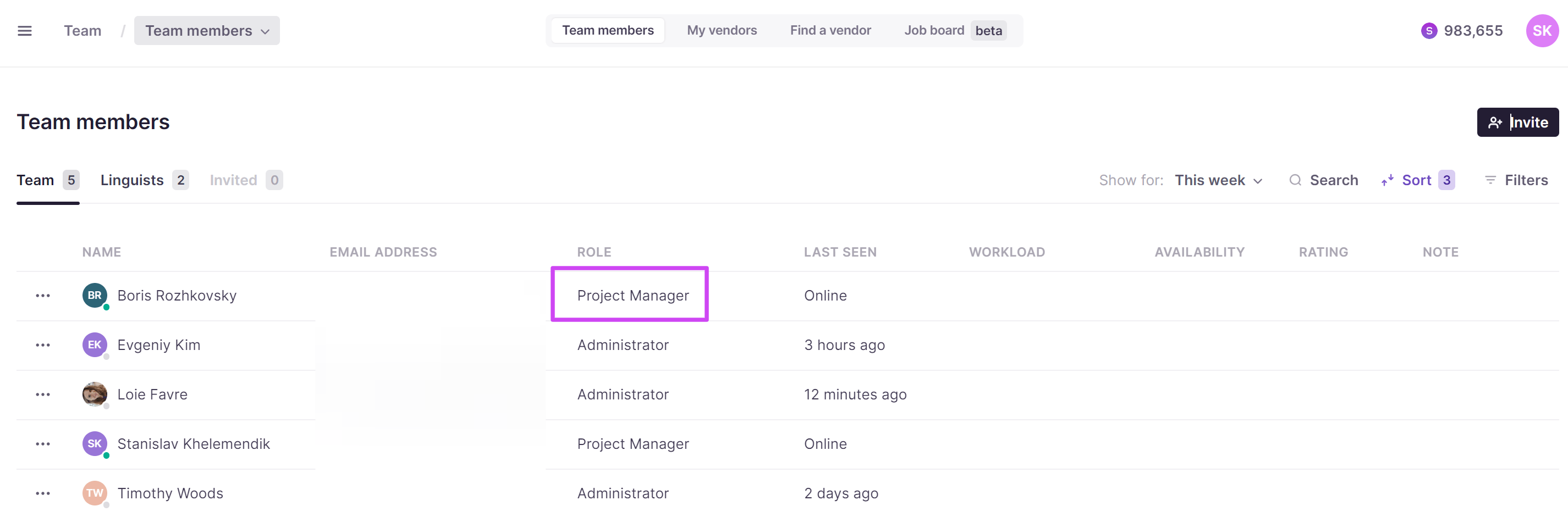 Project page showing the Team tab with the assigned project manager
