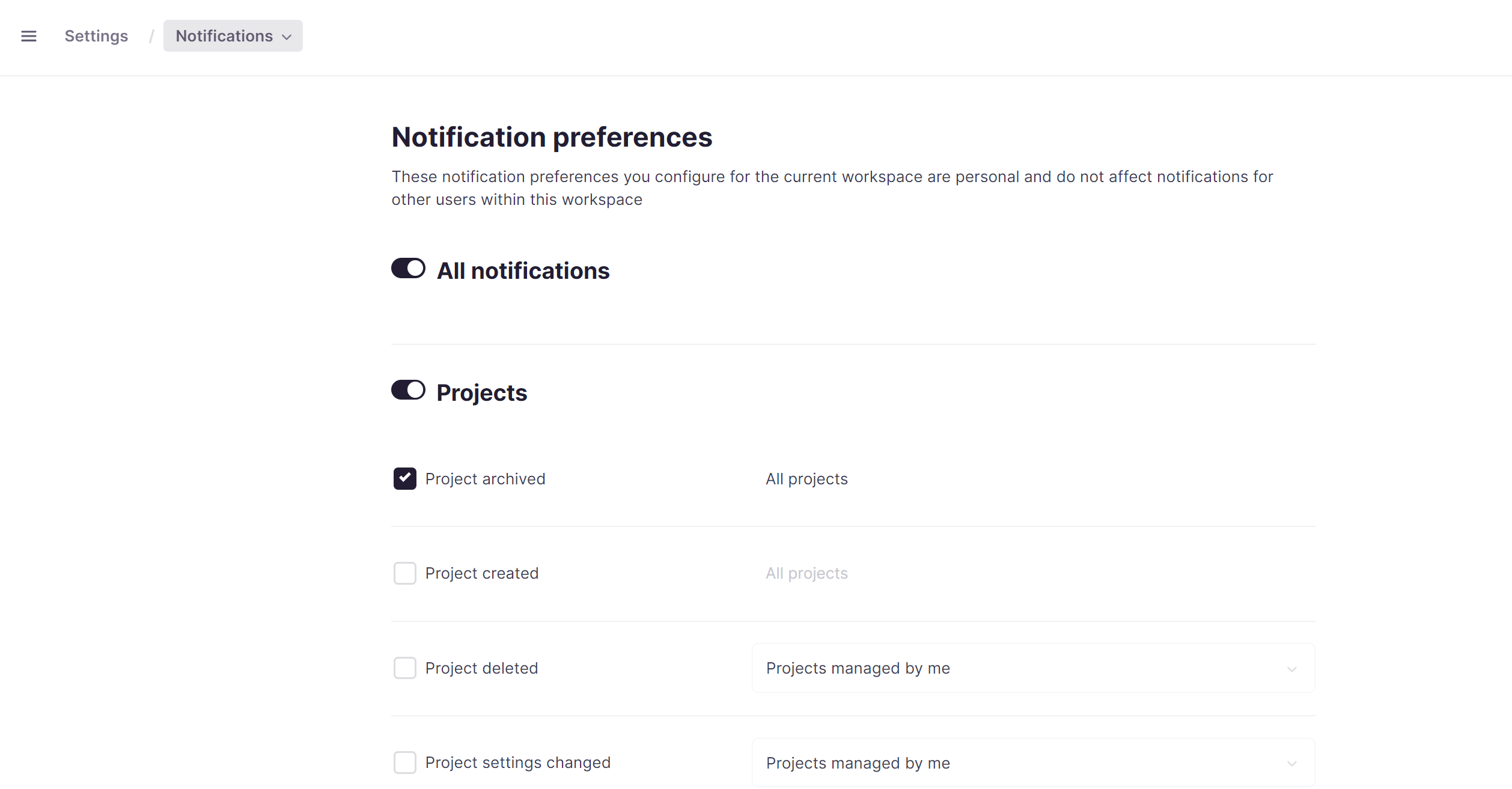 Notifications settings with the Projects managed by me filter