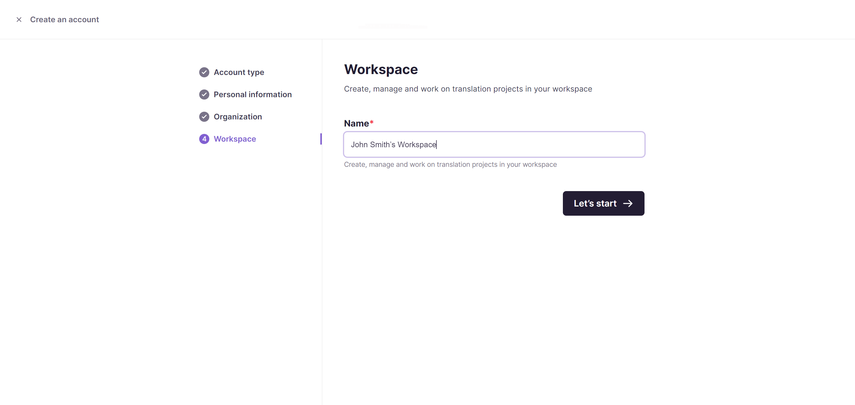 Smartcat account setup screen with options to join an existing workspace or create a new one