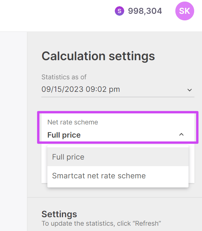 Setting a custom TM net rate for statistics calculation