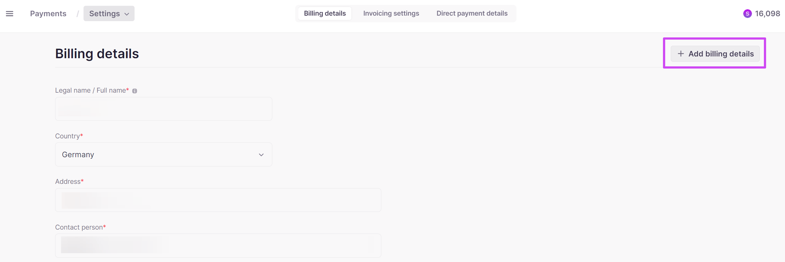 Billing details section in Payments settings with the Add billing details button