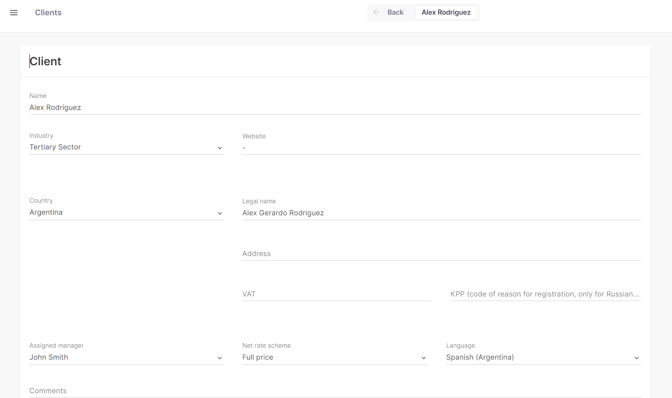 Client contact details with a Primary contact option