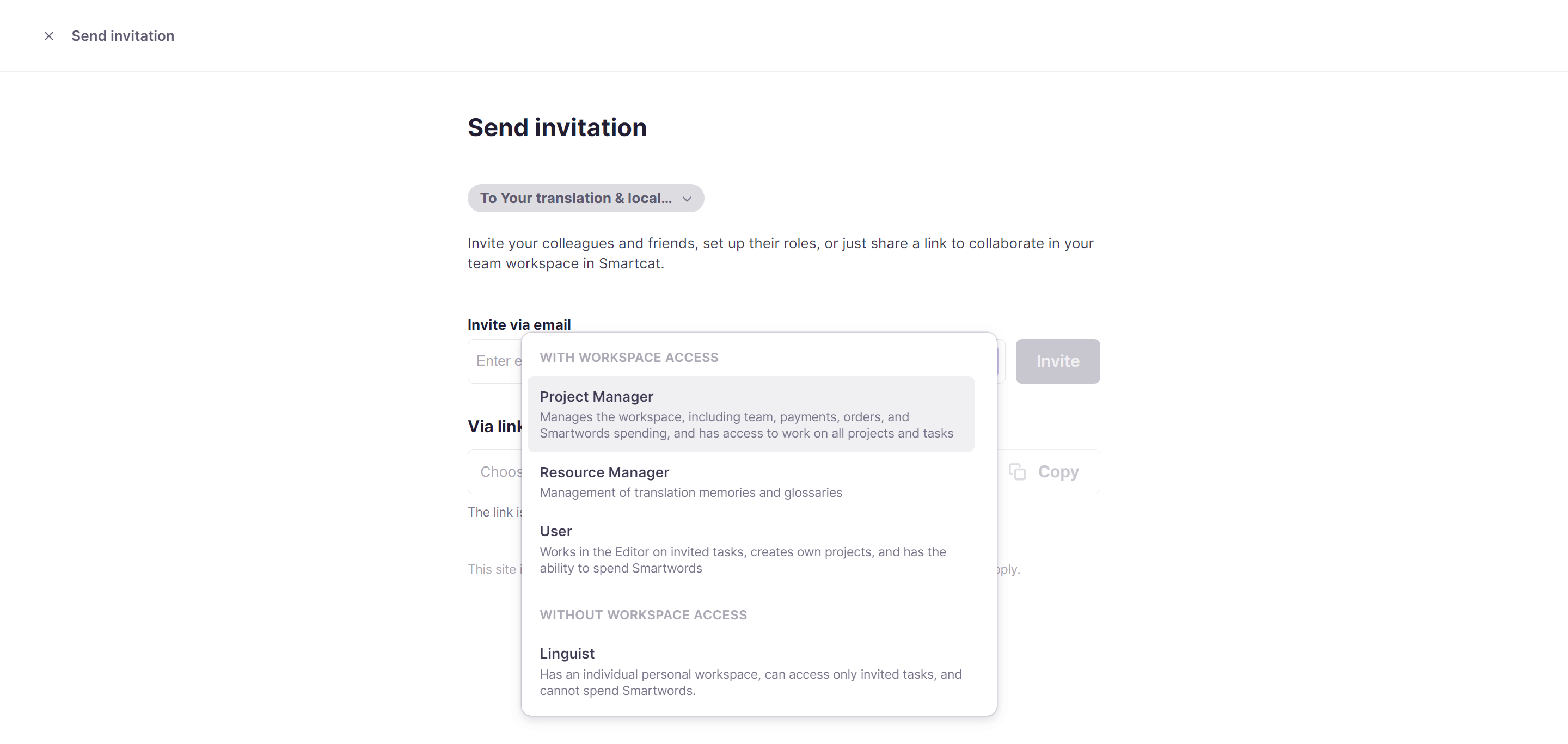 Smartcat workspace interface for inviting people to collaborate