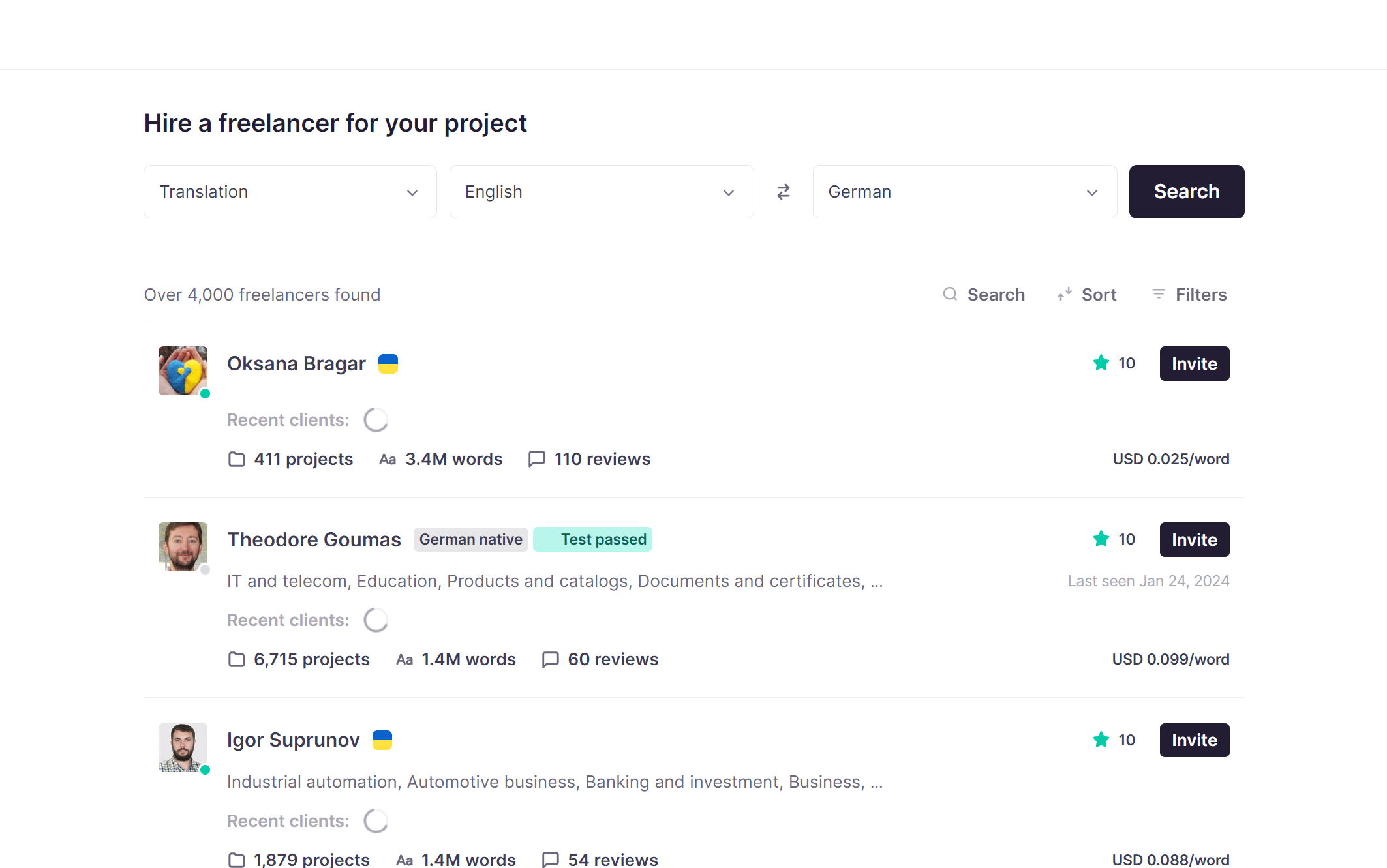Marketplace search page with filters for language pairs, services, and expertise