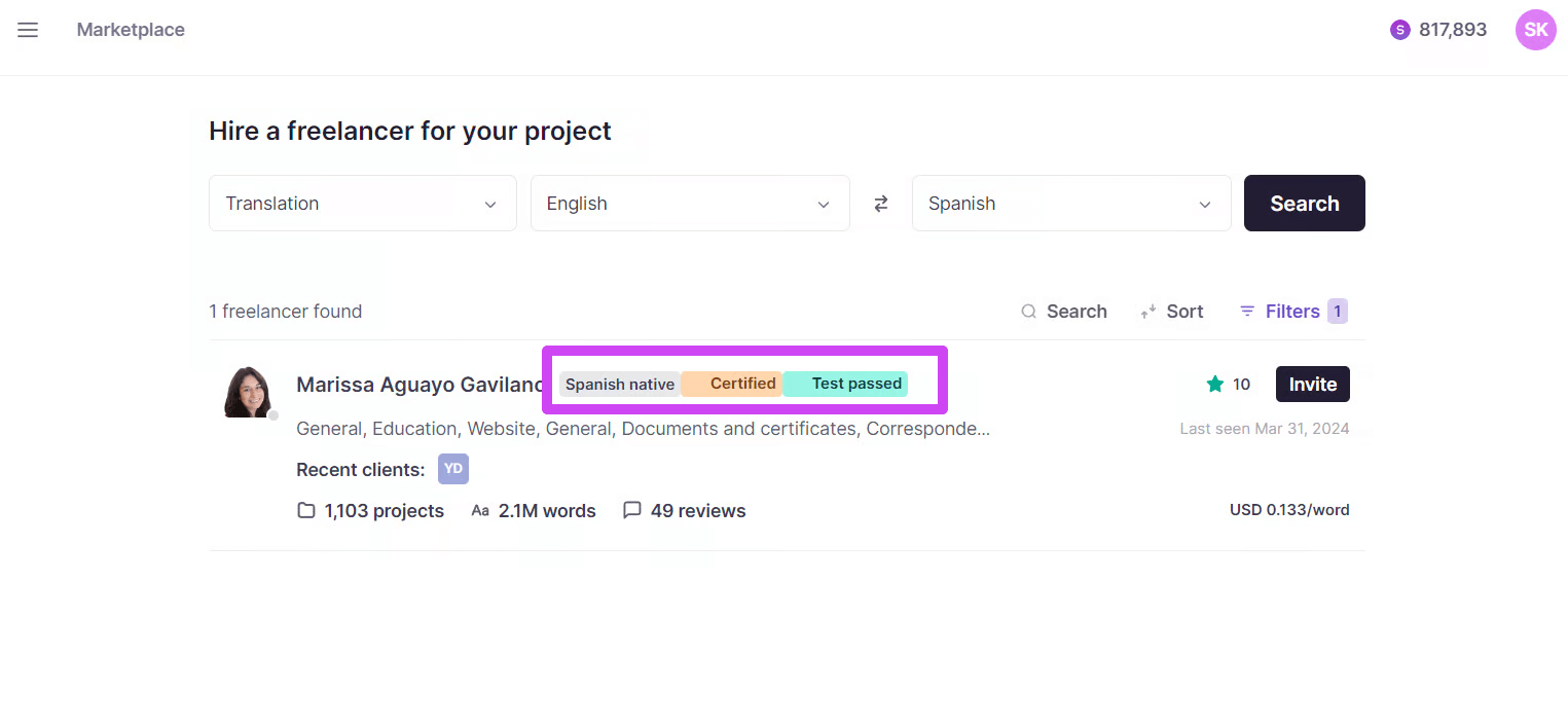 Freelancer profile showing competency level badges