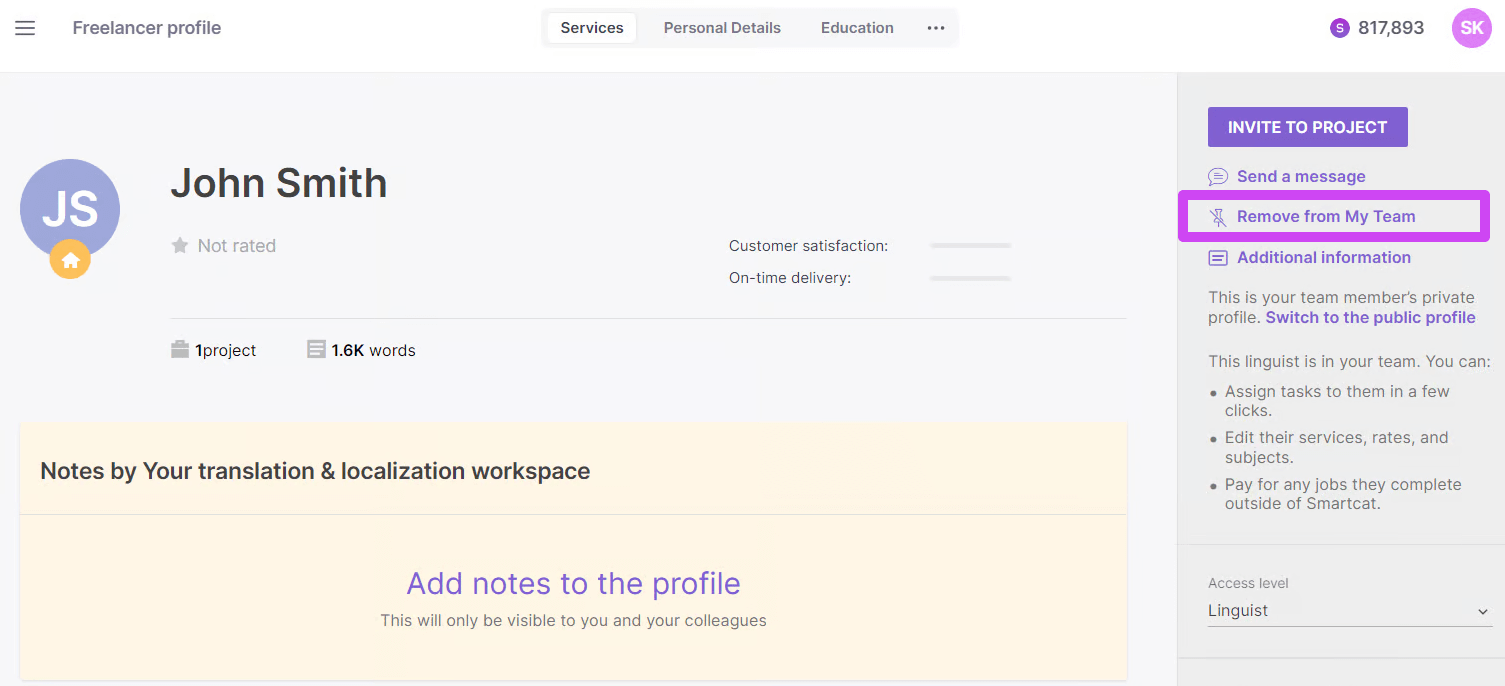 Freelancer profile after being added to My Team, showing pin icon and notes section