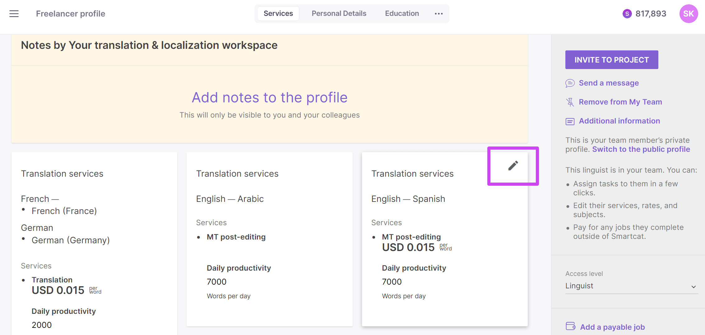 Freelancer profile services section with editable rates