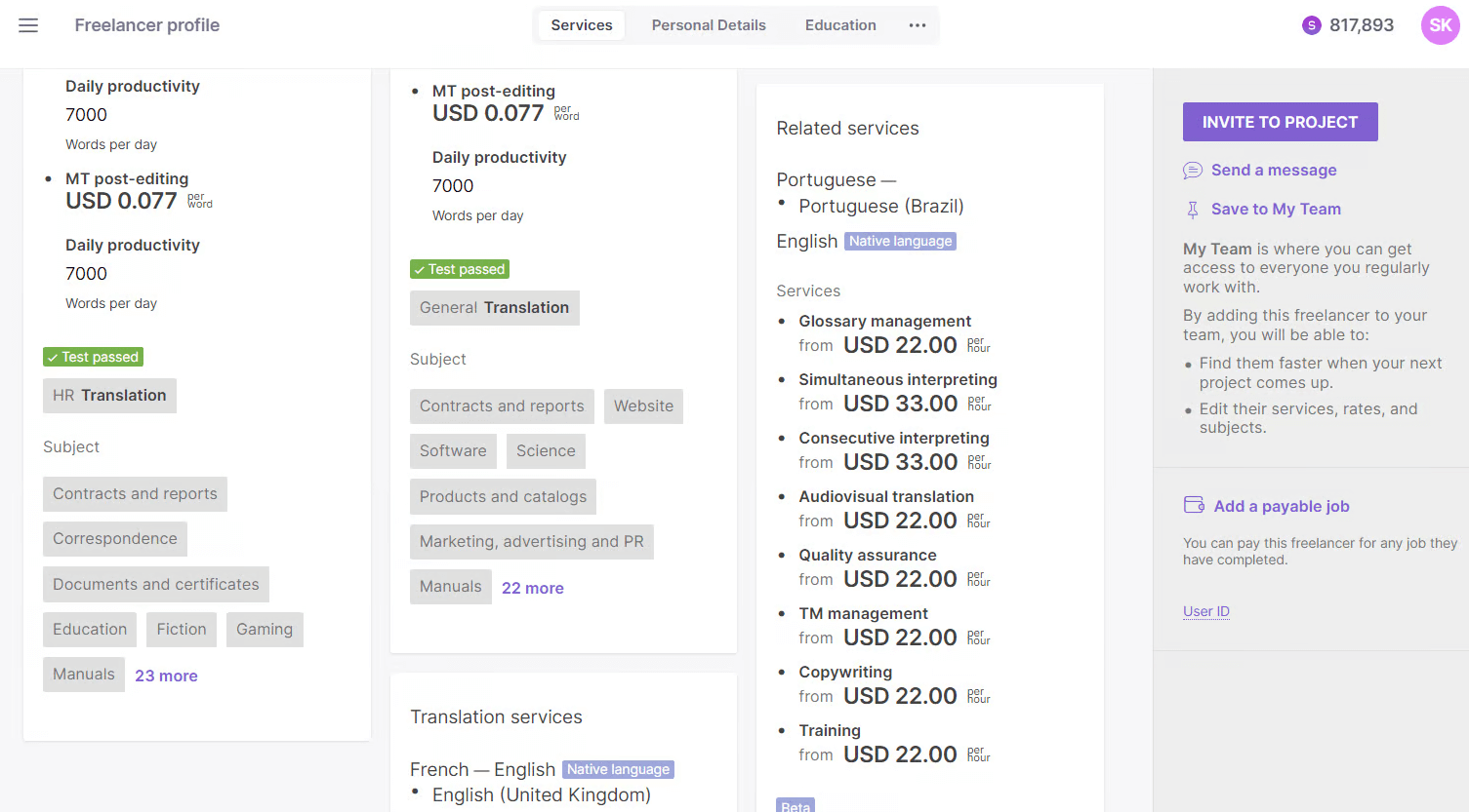 Freelancer profile listing additional non-language services offered