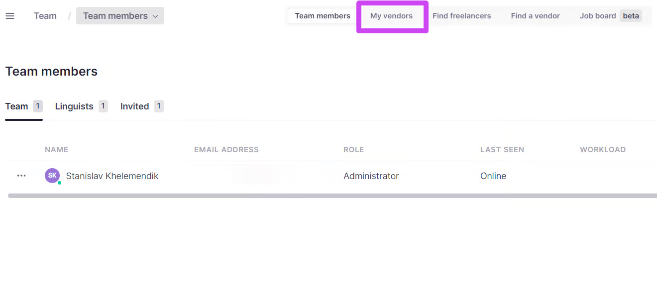 Overview of the vendor management area in Smartcat