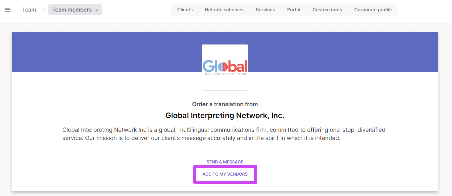 Vendor profile page with the Add as Vendor option