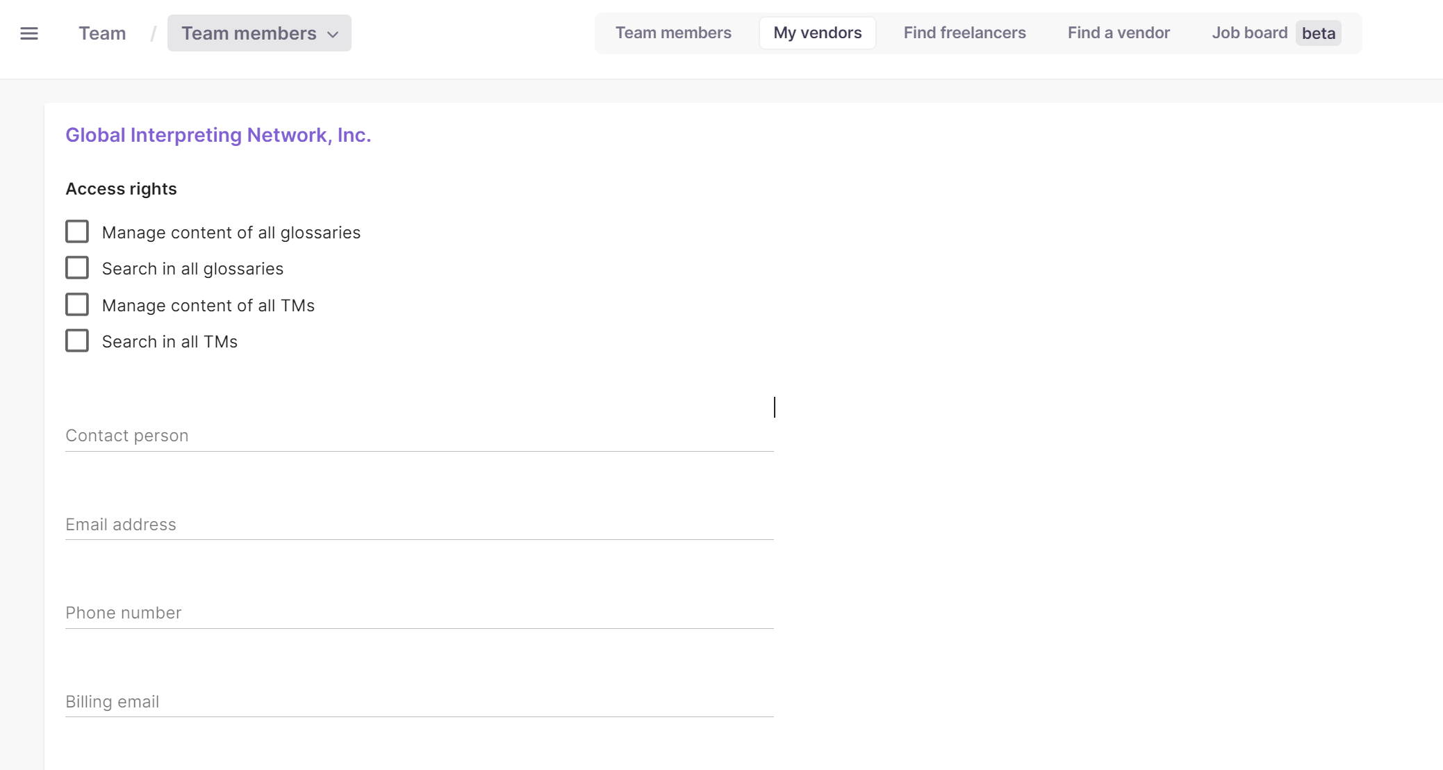 My vendor page showing fields for additional company information