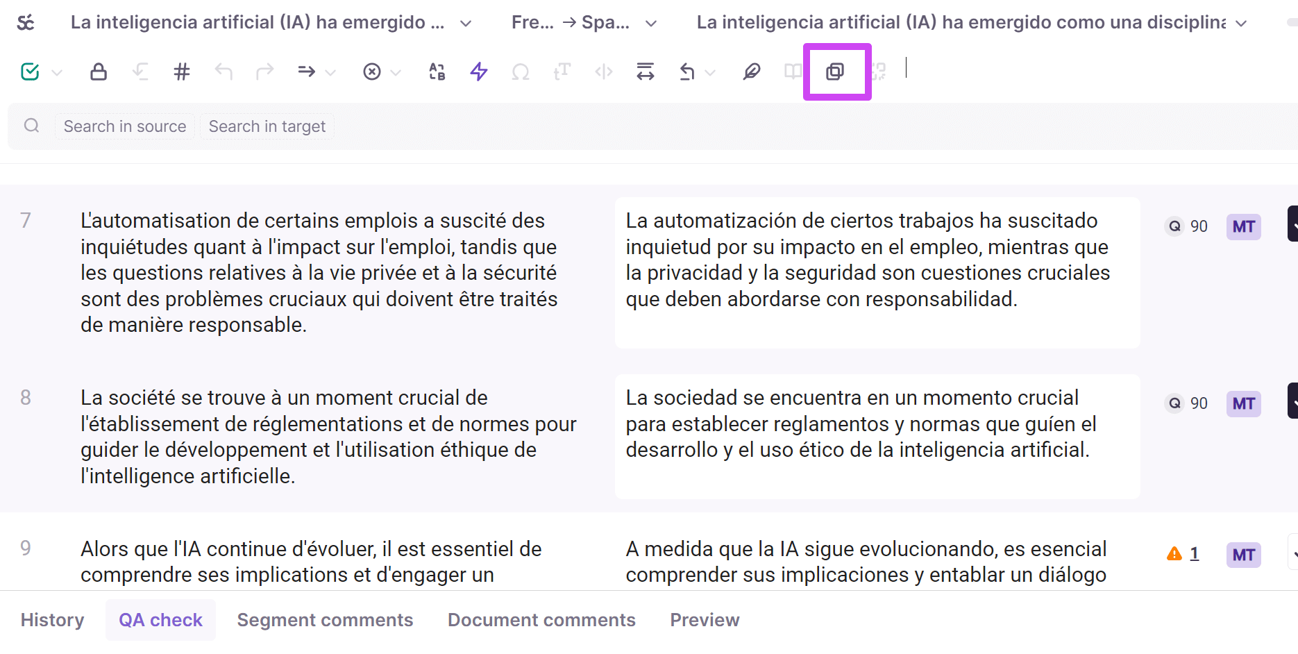 Join segments icon in the CAT editor toolbar