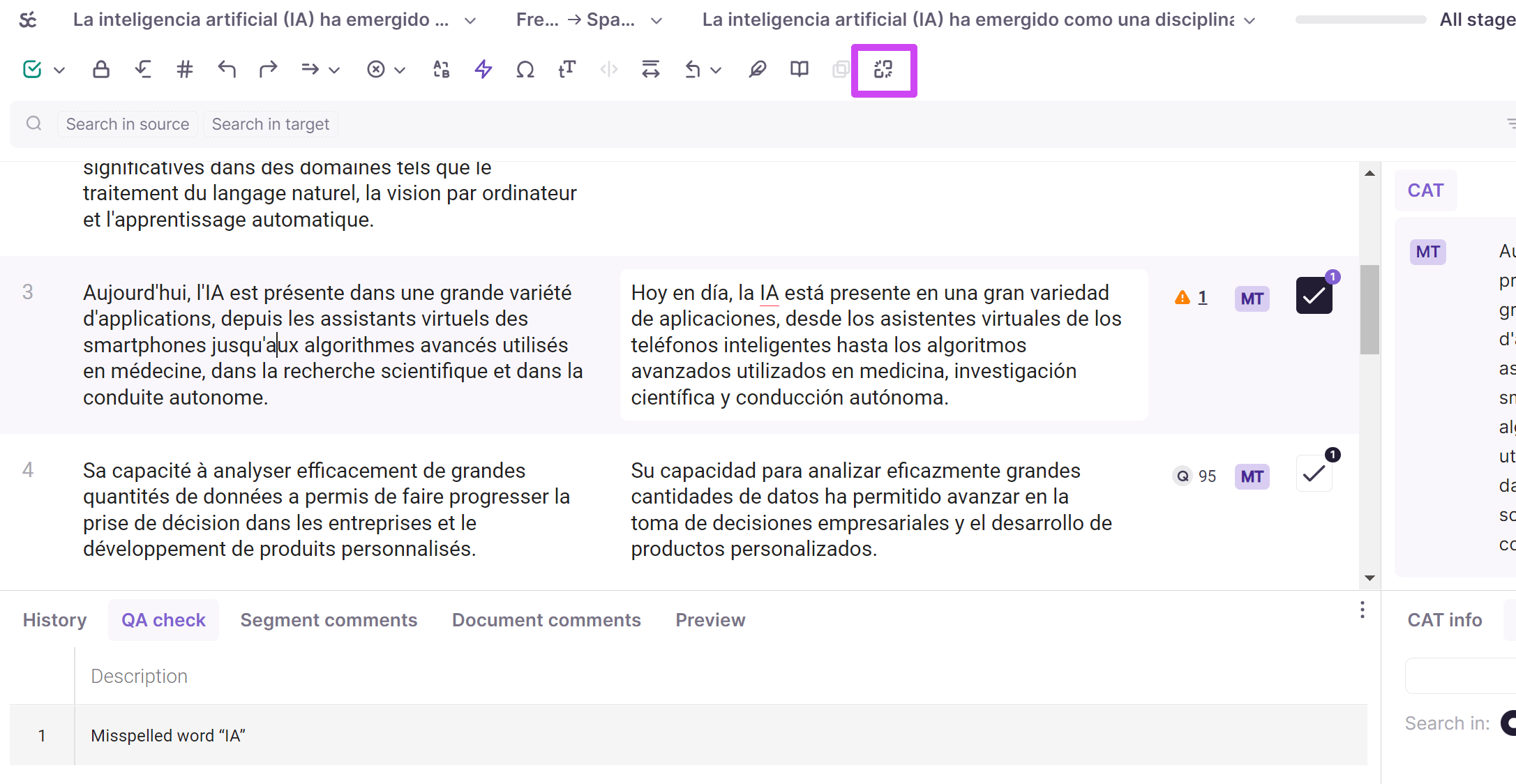 Split segment icon in the CAT editor toolbar
