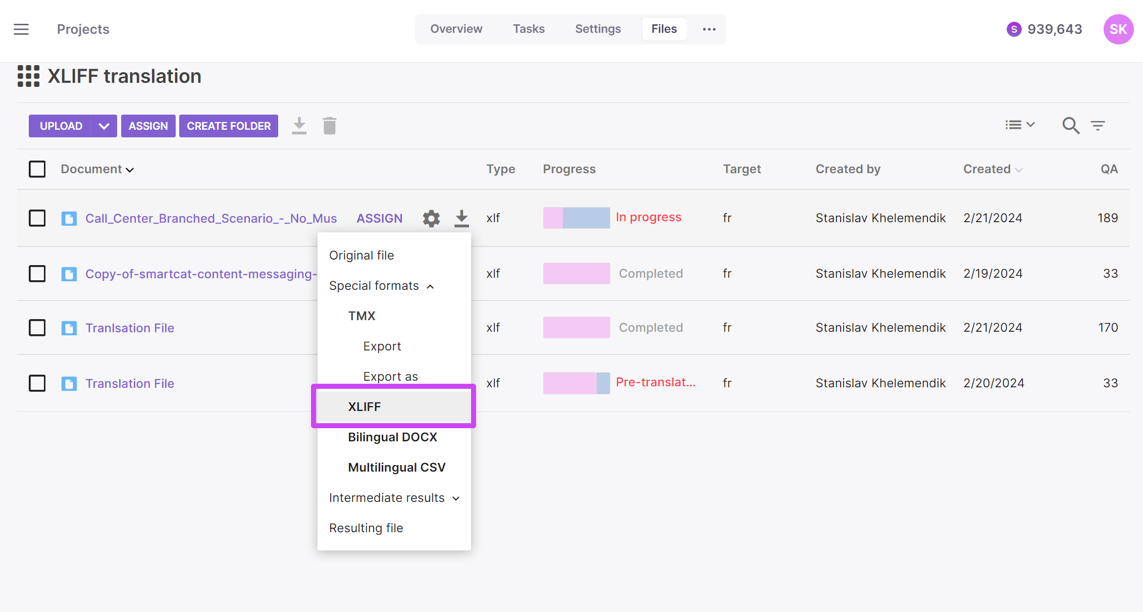 Exporting XLIFF files from the Export menu