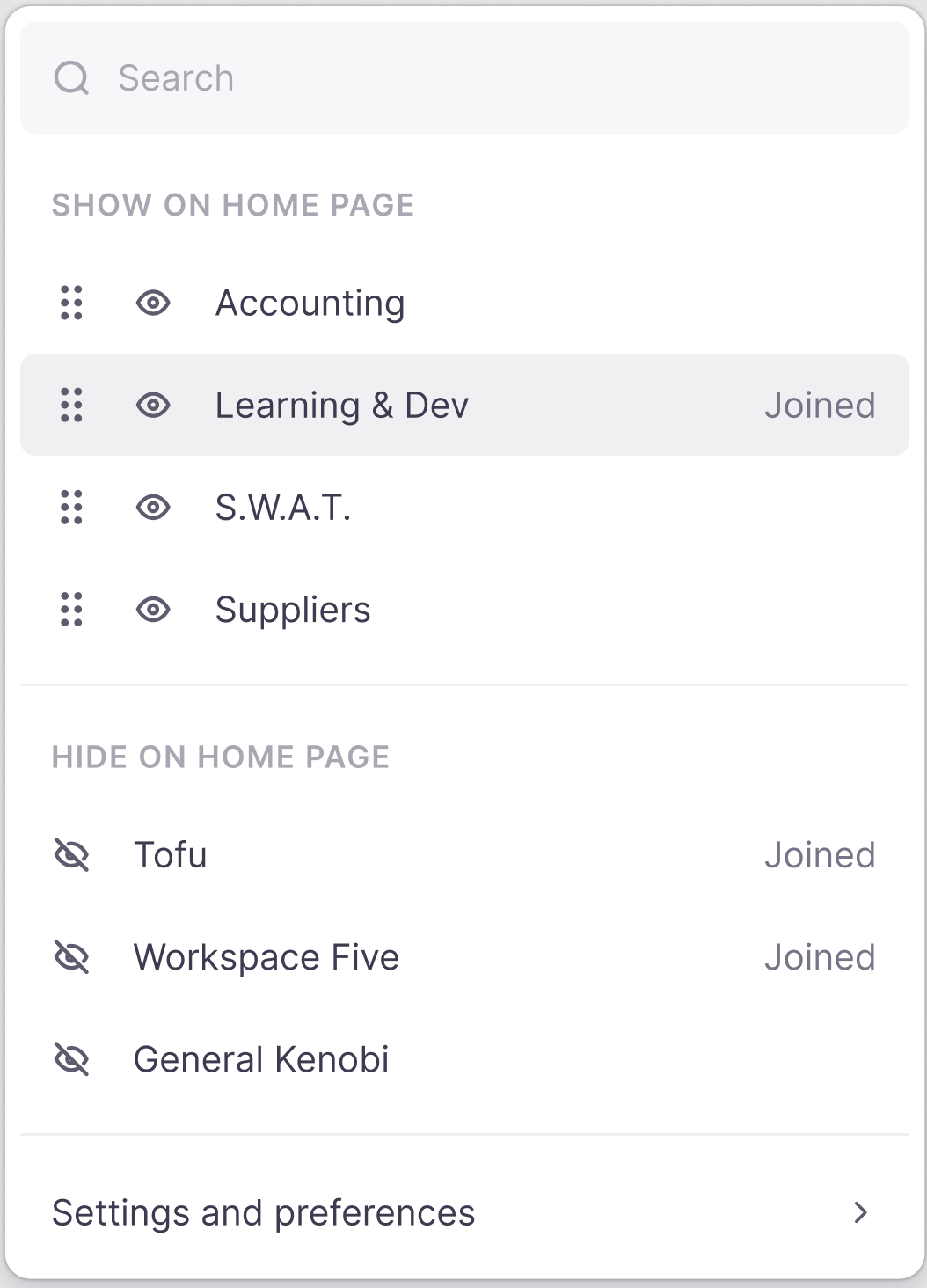 Organization dropdown with a workspace search field