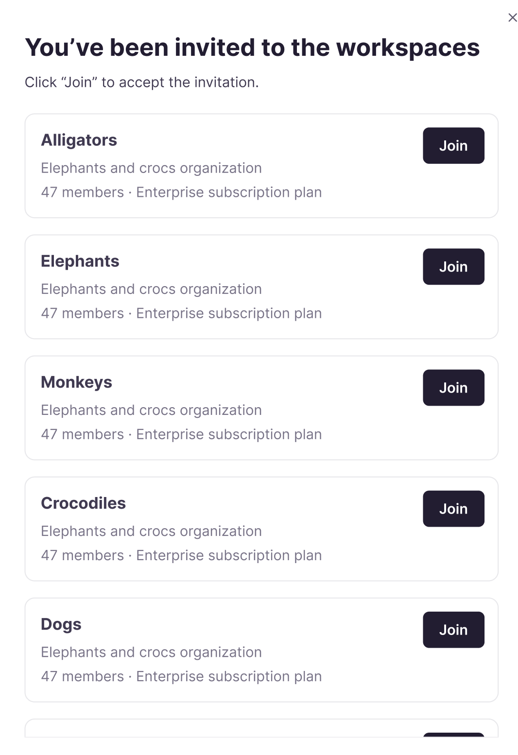 Window listing multiple workspace invitations with details