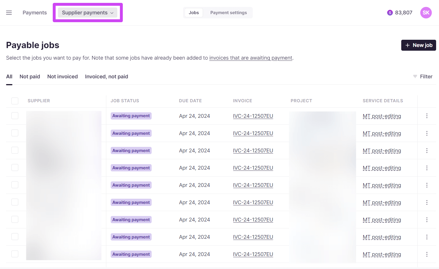 The Payments section in the Smartcat main menu