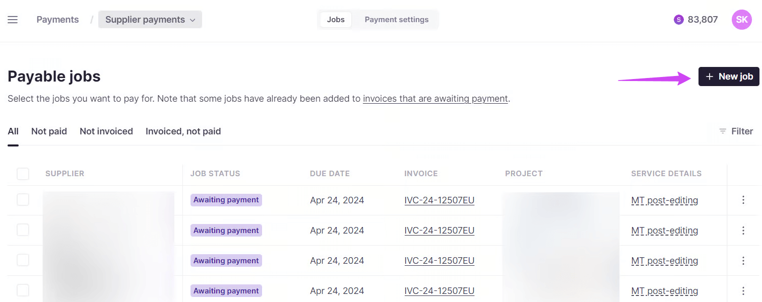 The Jobs tab under Supplier payments