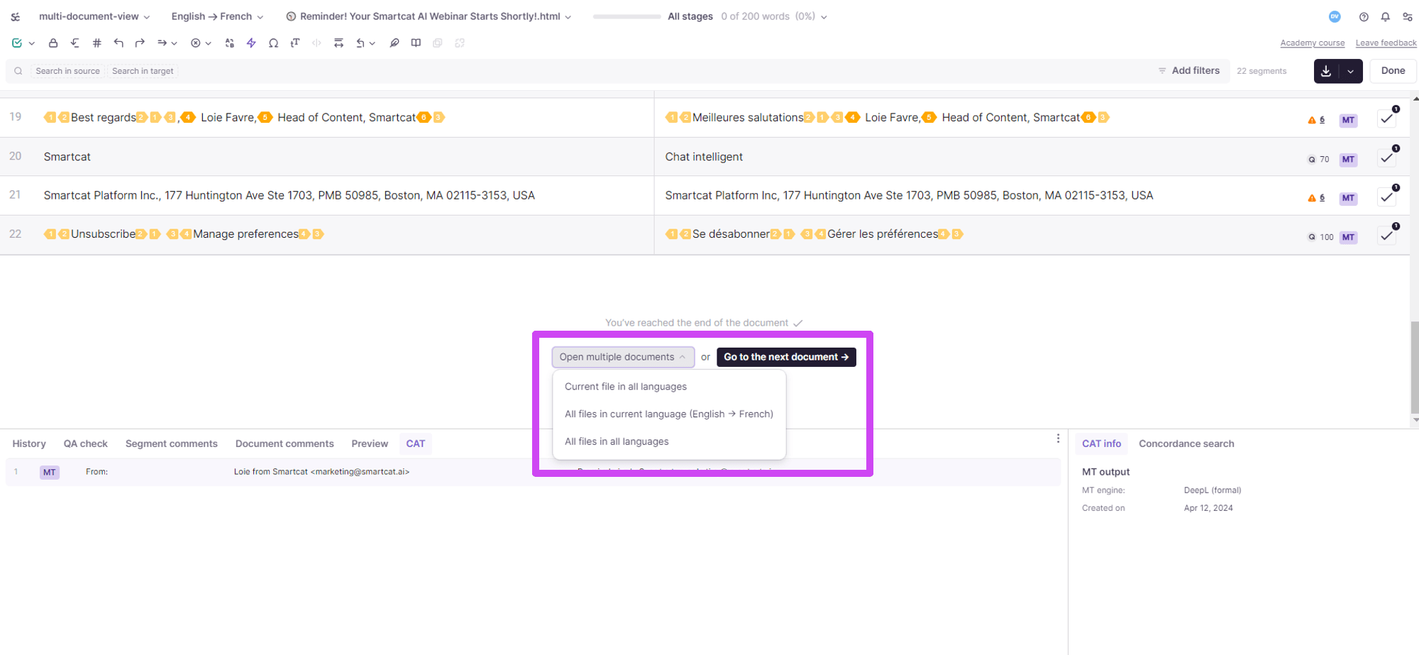 Multi-documents mode selection options in the CAT editor