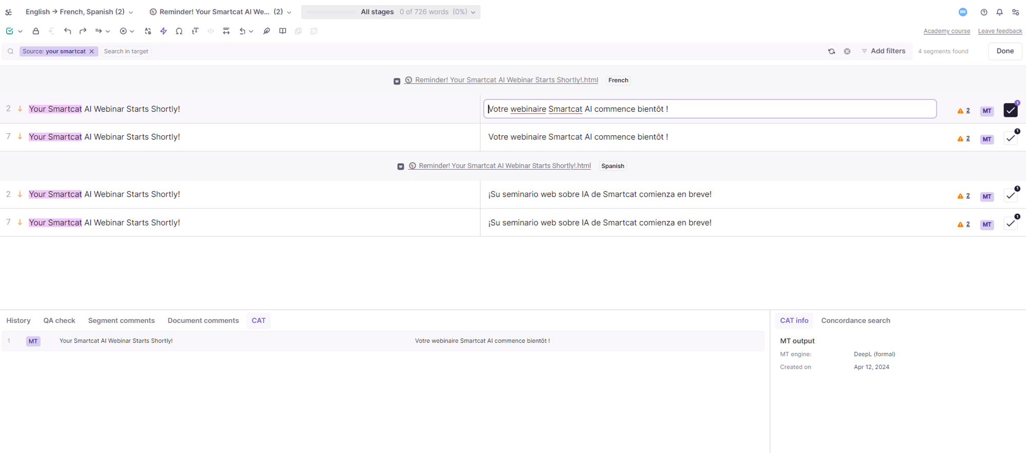 Filters and search applied across all documents in the CAT editor