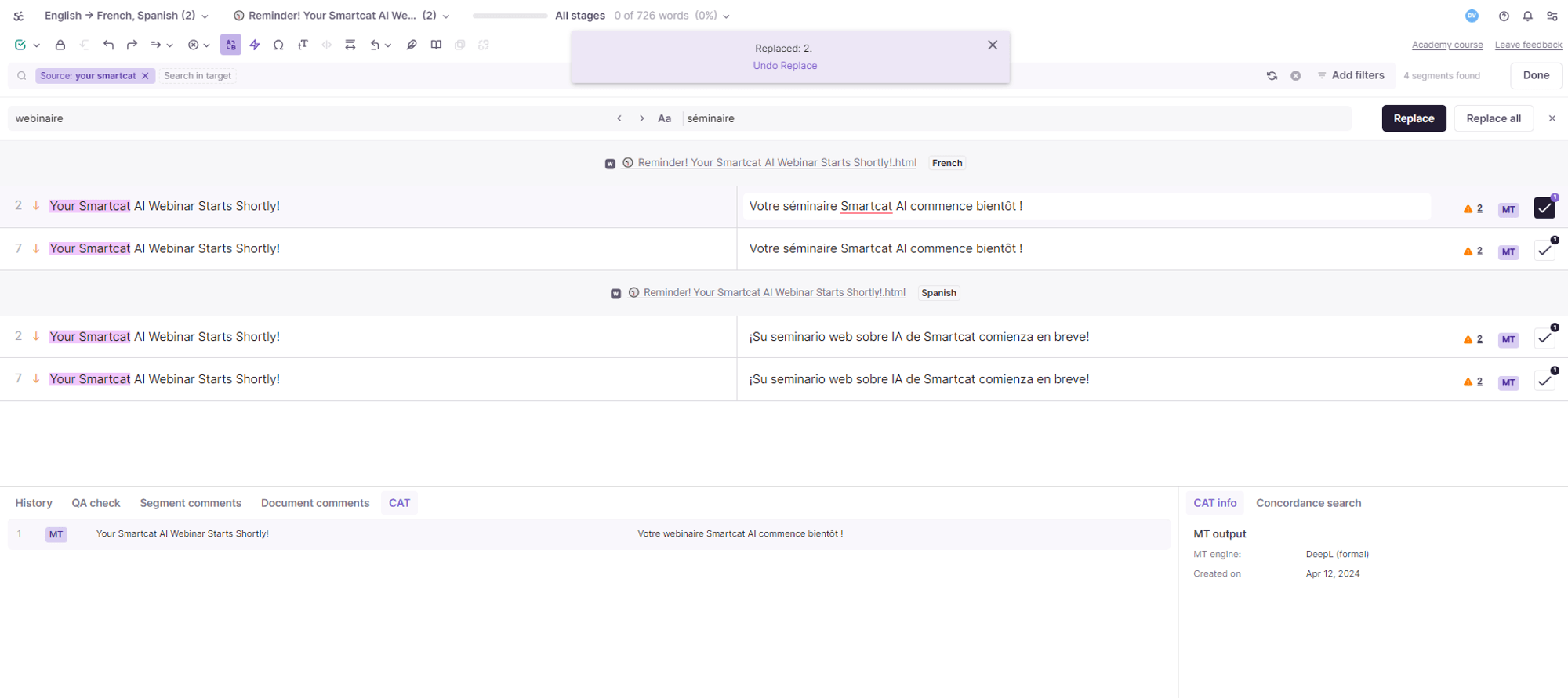 Replace feature updating translations across all project documents