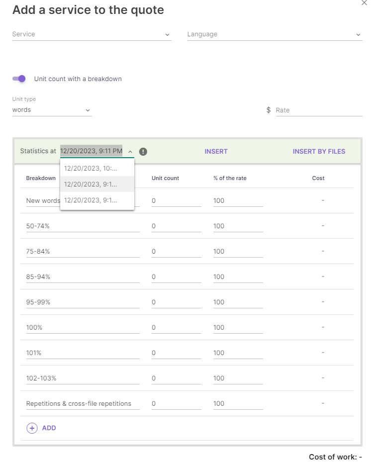Second step of the quote form showing service, language, unit, and breakdown fields