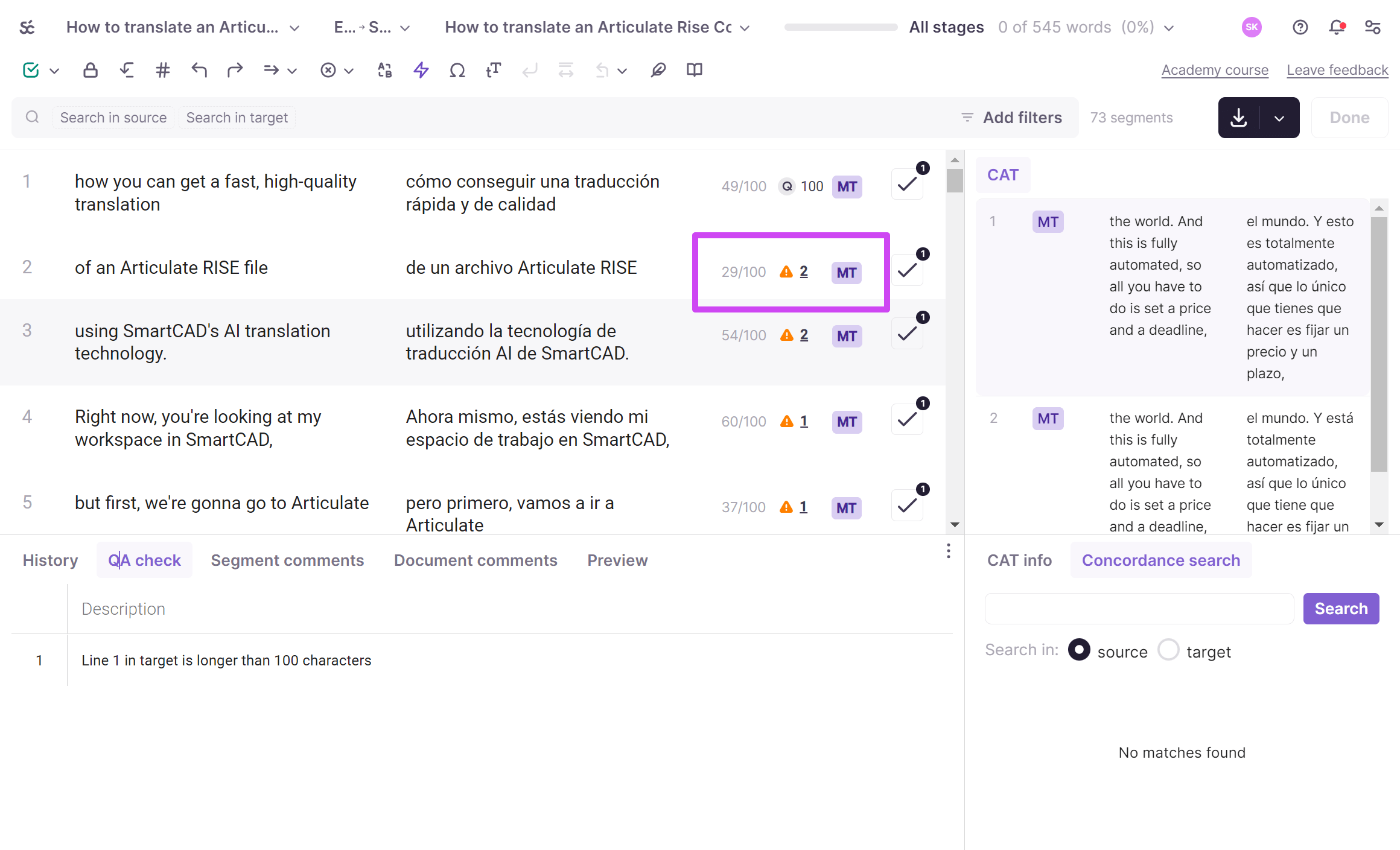The QA check section in the CAT editor