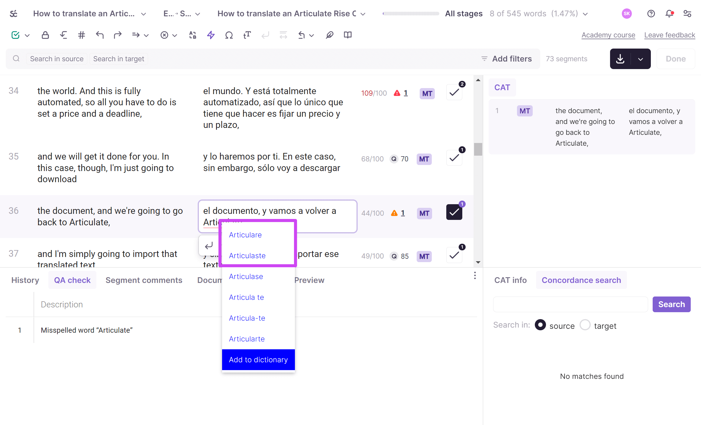 A spelling suggestion shown on right-click