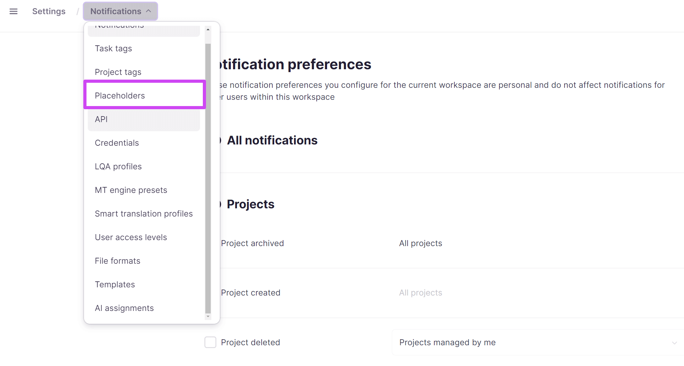 The Placeholders settings tab