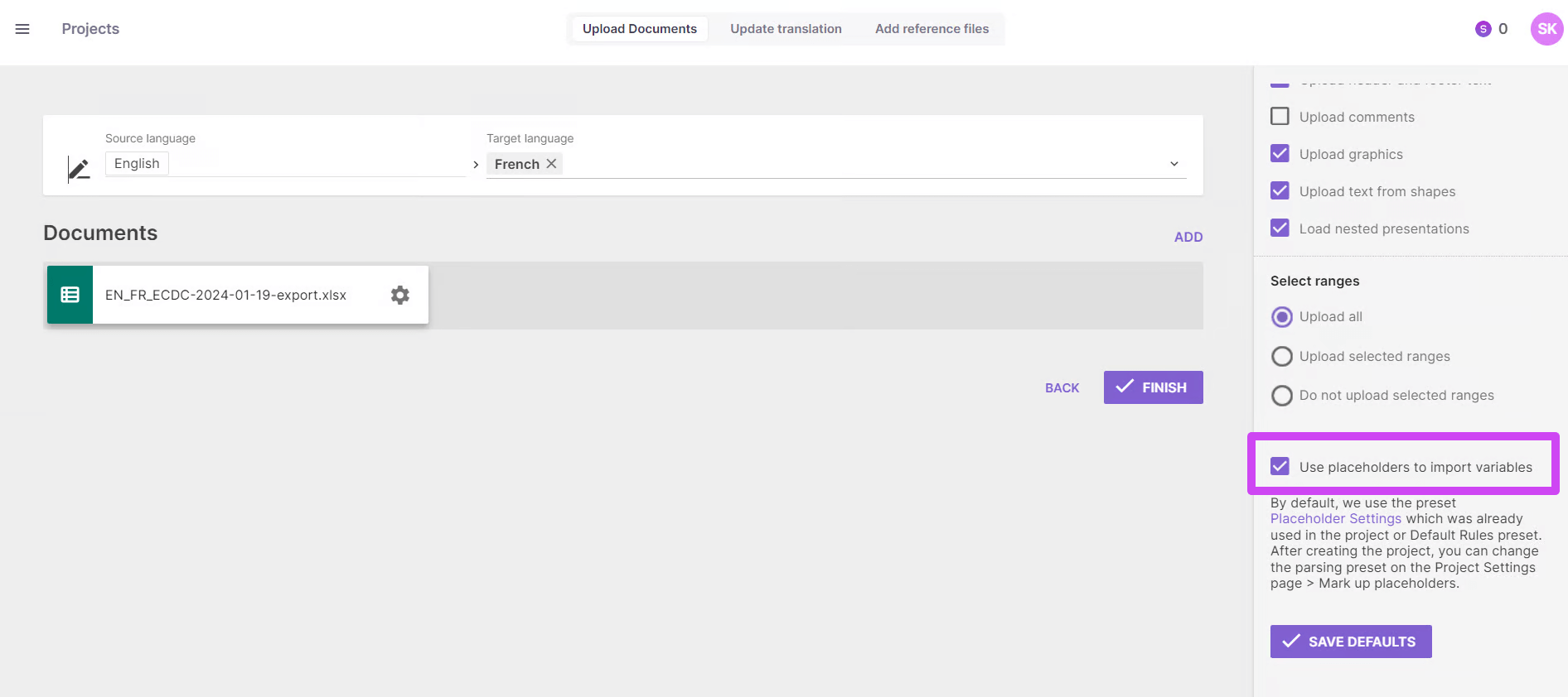 The Use placeholders to import variables checkbox