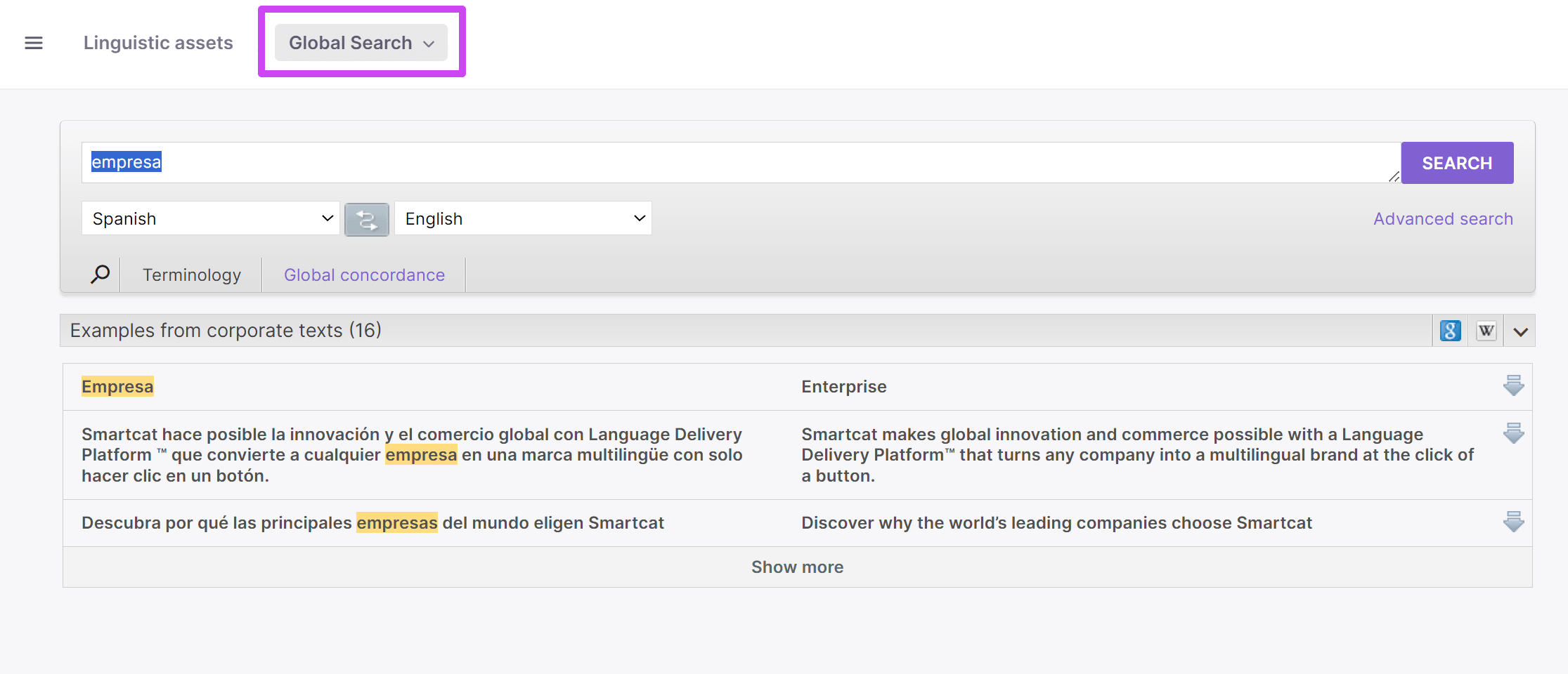 Global Search under Linguistic assets in the main workspace
