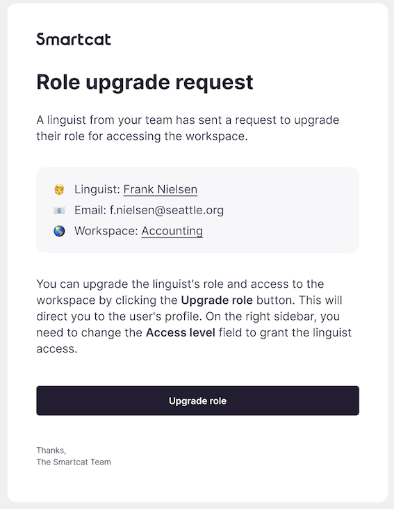 Email notification of a role update request