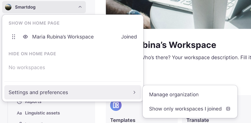 Manage organization option in the Organization and workspaces dropdown