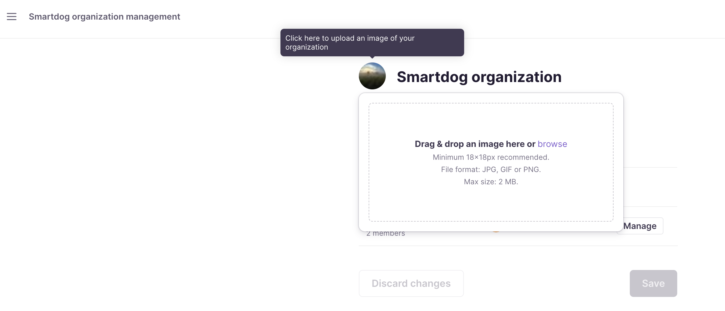 Organization icon selector with a chosen image