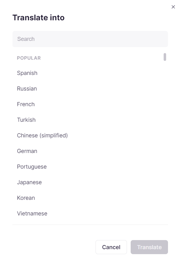 Language selector window for choosing the target language
